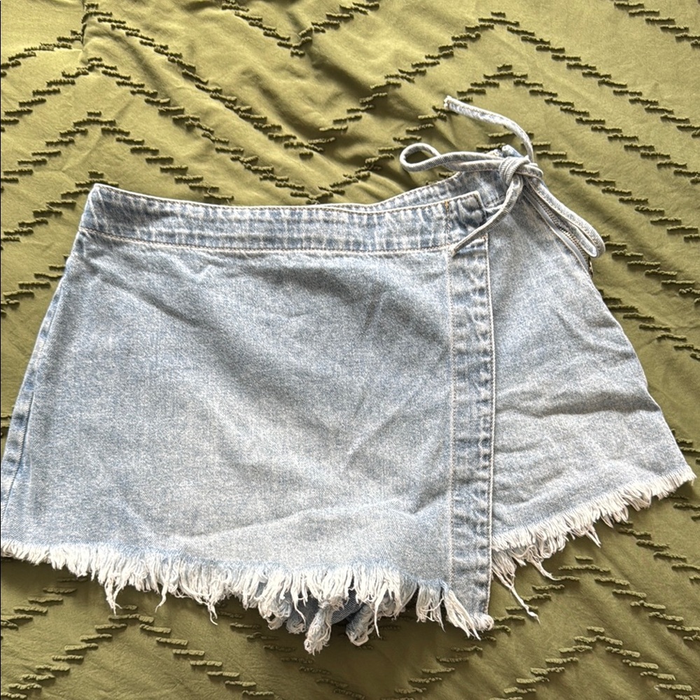 Blue Skort with Distressed Hem and Tie Closure